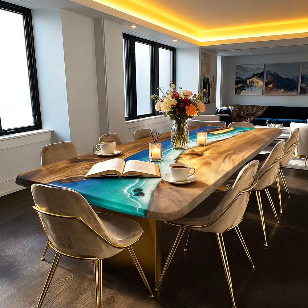 Walnut Blue Ocean Wave Resin Epoxy Table in Florida