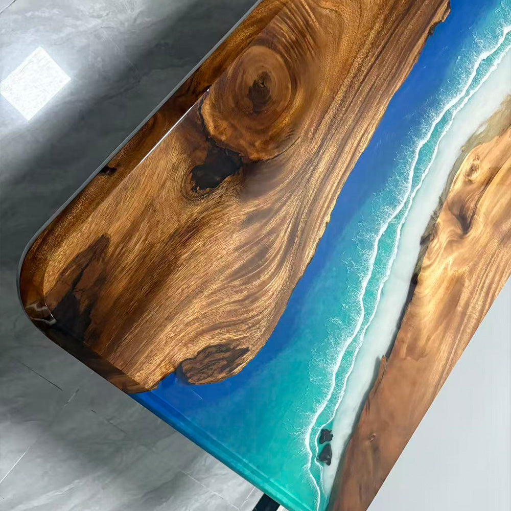 Walnut Blue Ocean Wave Resin Epoxy Table in Florida