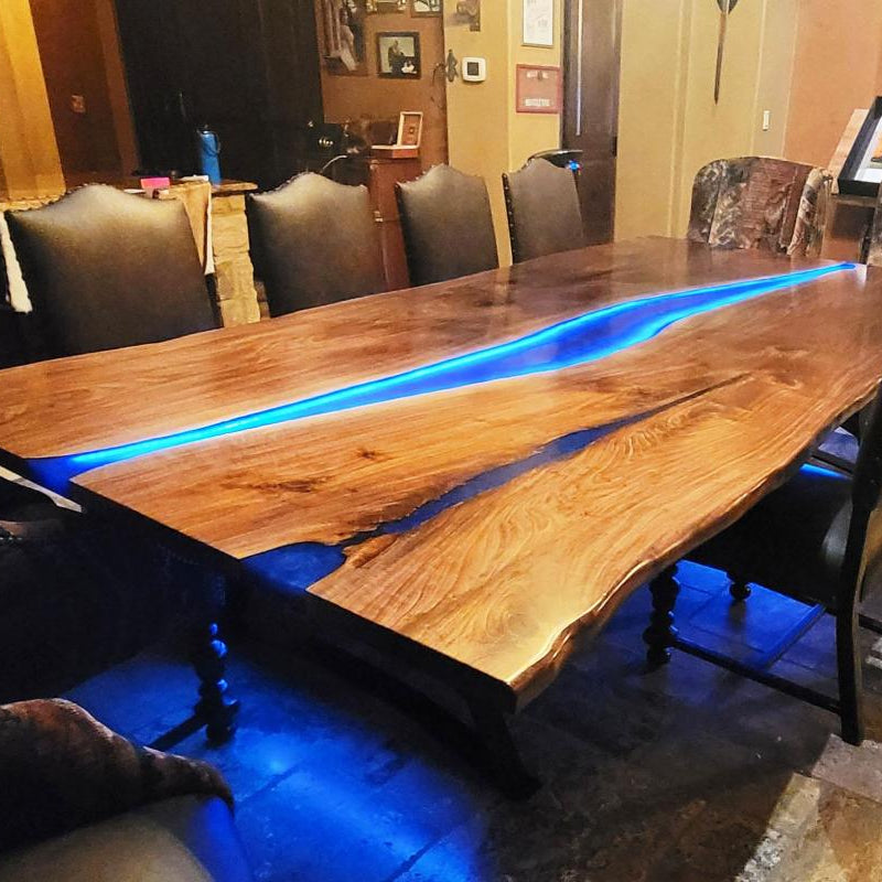 Custom Walnut Epoxy Live Edge Dining Table With Lighted in Texas