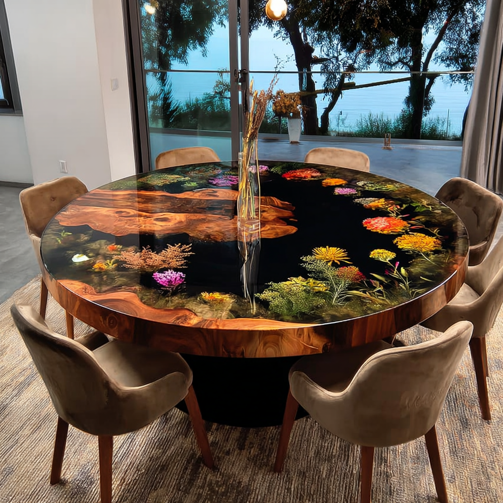 Custom Walnut Flower Round Epoxy Resin Table in California