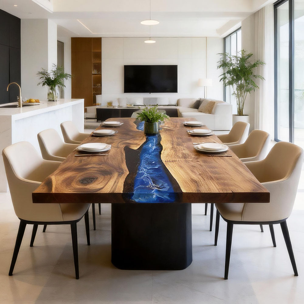 Custom Walnut Live Edge Blue River Epoxy Resin Table in Los Angeles