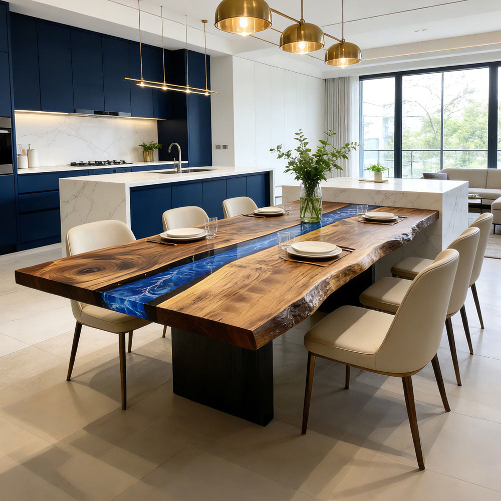 Custom Walnut Live Edge Blue River Epoxy Resin Table in Los Angeles
