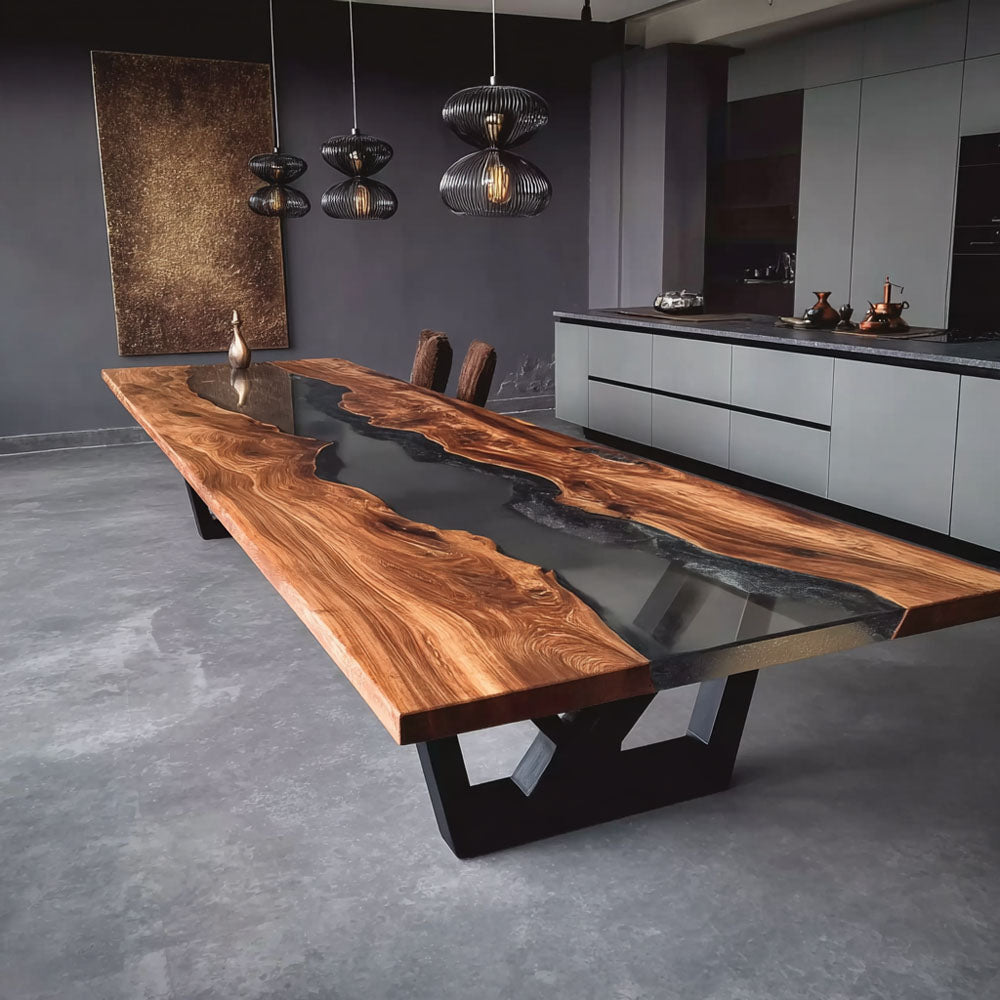 Custom Walnut Transparent River Dining Resin Epoxy Table in Los Angeles