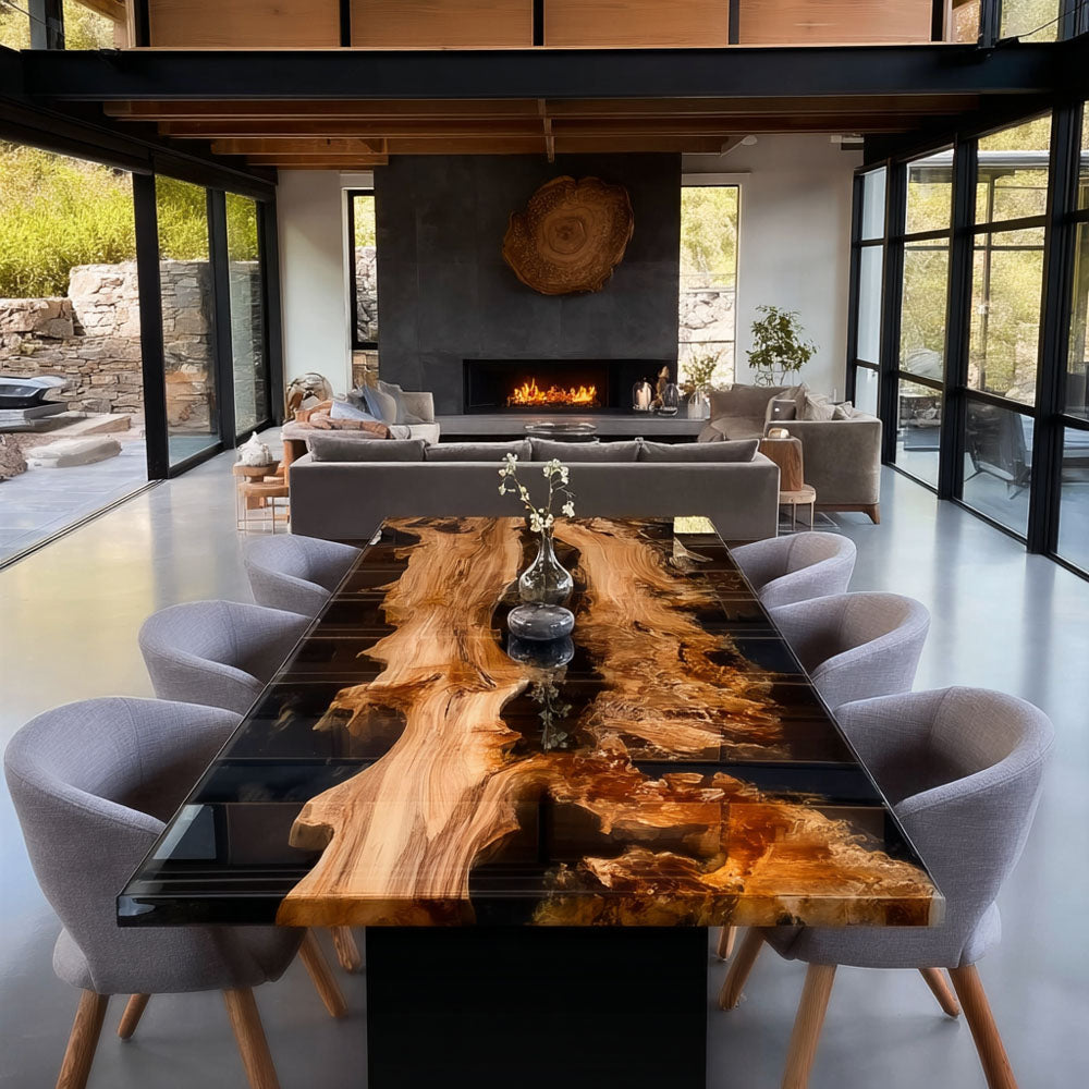 Rare Double Olive Wood Epoxy Table with Sleek Black Obsidian Resin River Design for Upscale Private Dining KCT158