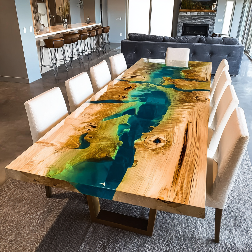 Custom Wood Green Transparent Dining River Epoxy Table