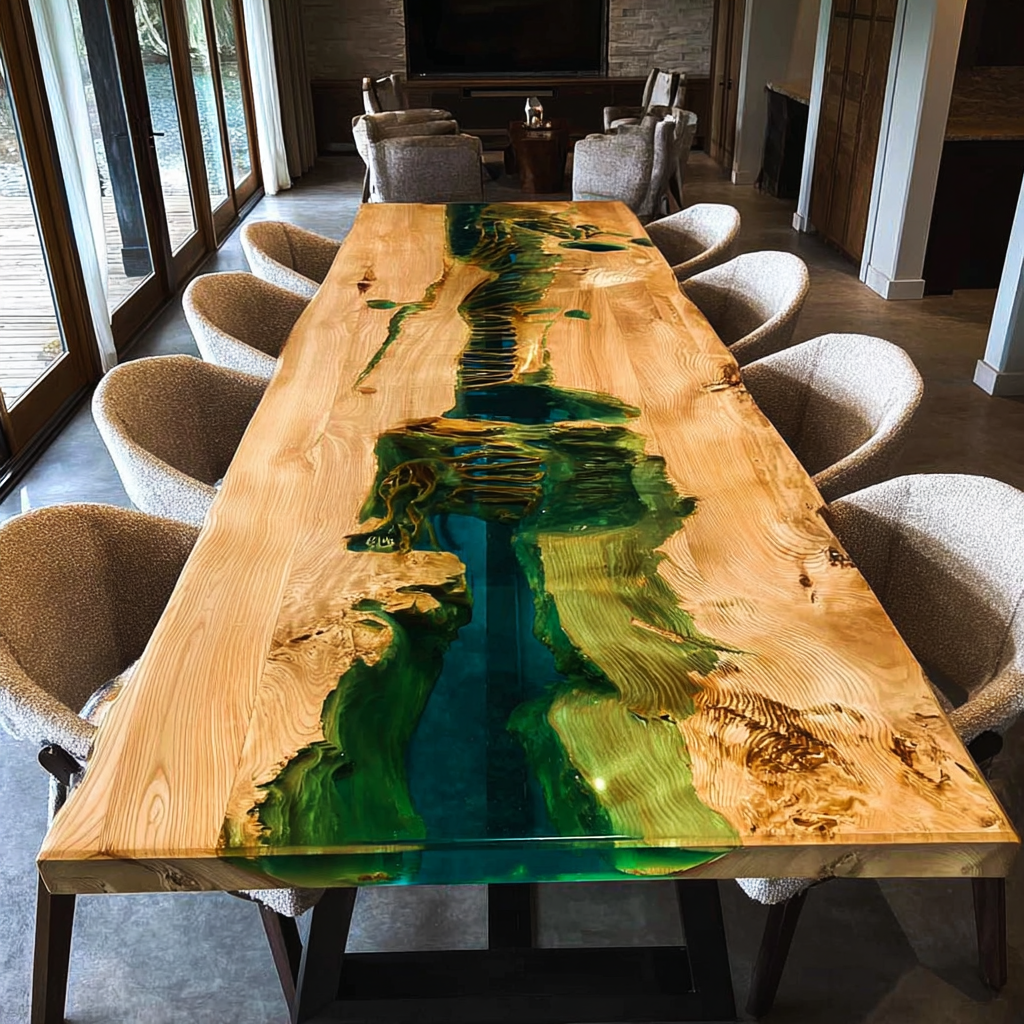 Custom Wood Green Transparent Resin Epoxy Table