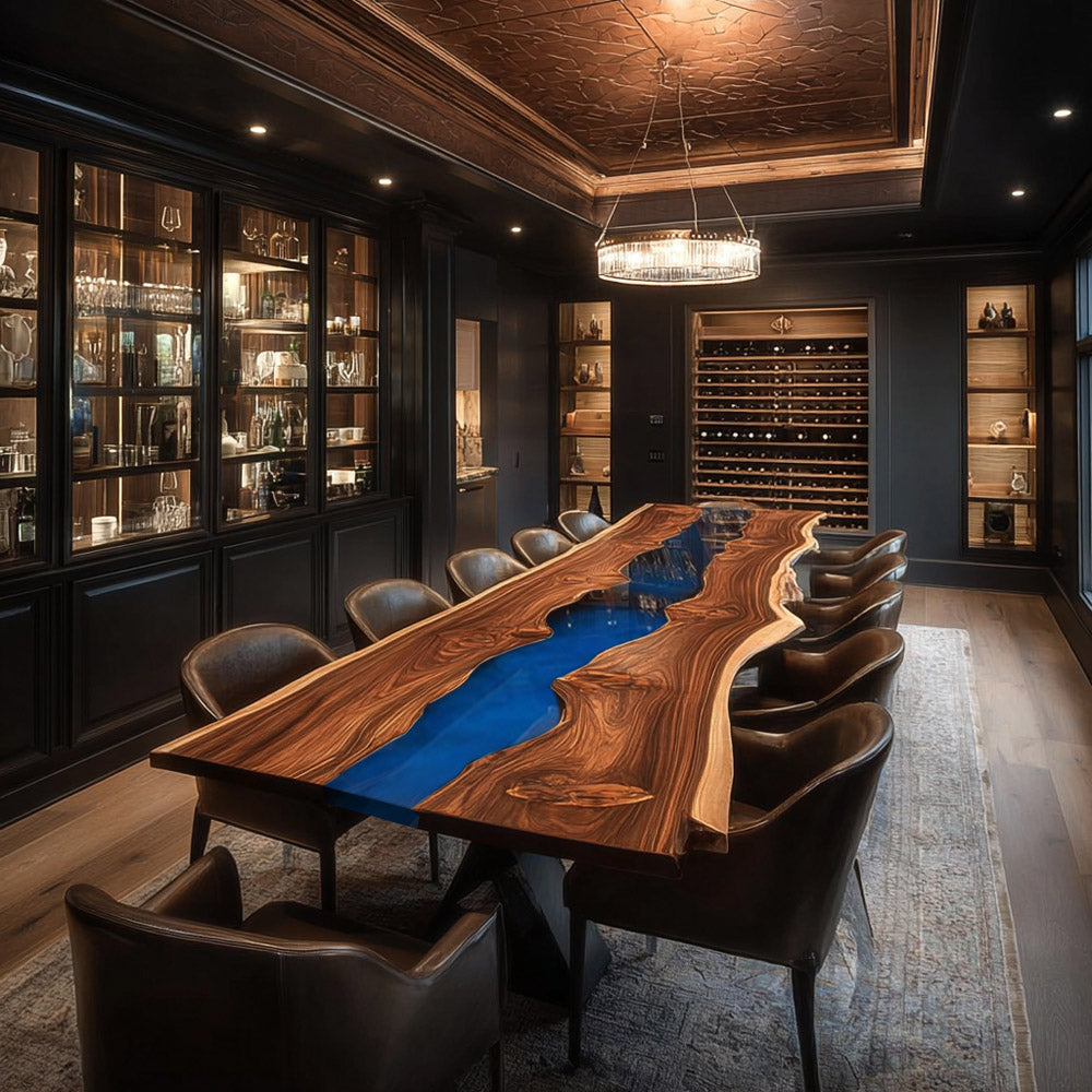 Durable Custom Live Edge Blue River Black Walnut Epoxy Table for Upscale Gastronomy Spaces in Seattle