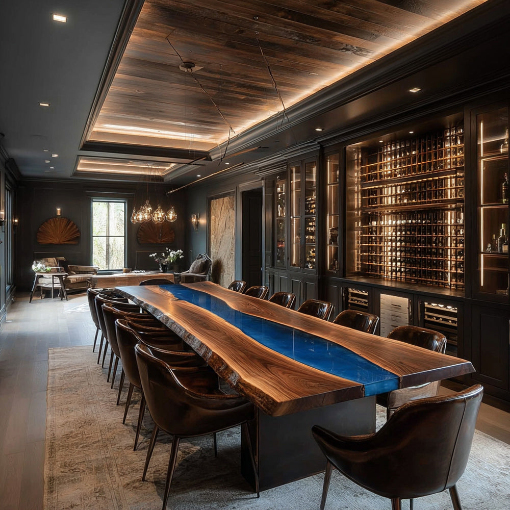 Custom Live Edge Blue River Black Walnut Epoxy Table in Seattle