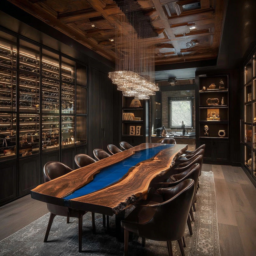 Custom Live Edge Black Walnut Epoxy Table for Upscale Gastronomy Spaces in Seattle