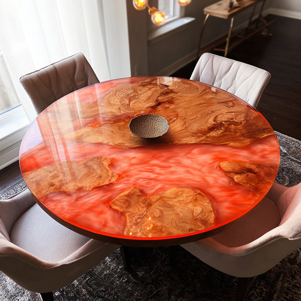 Golden Camphor Wood Round Orange Red Epoxy Table in Malibu