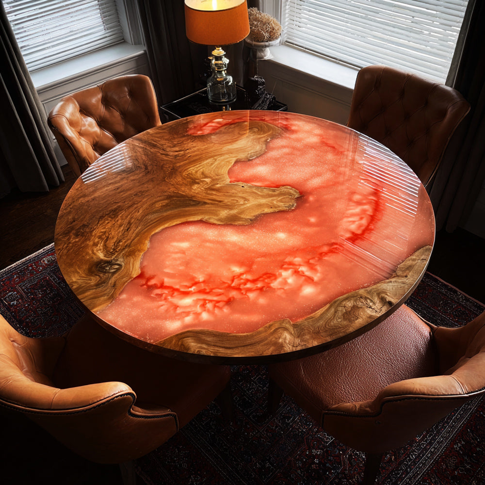 Exclusive Golden Camphor Round Orange Red Epoxy Table – Handmade Showpiece for for High-End American Suite in Malibu