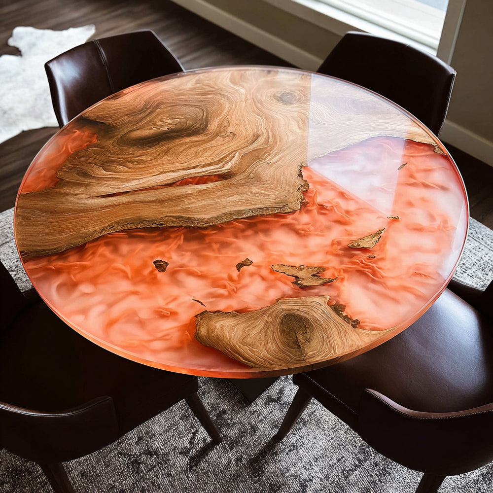 Exclusive Golden Camphor Round Orange Red Epoxy Table in Malibu