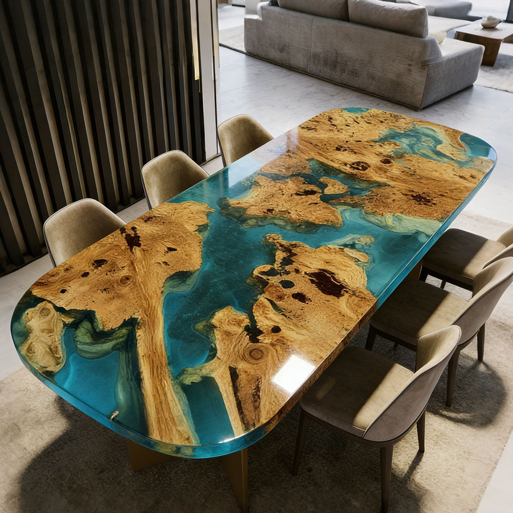 Exotic Peacock Blue Resin Olive Wood Oval Epoxy Table - for Luxury Interior Design & Modern Homes in California