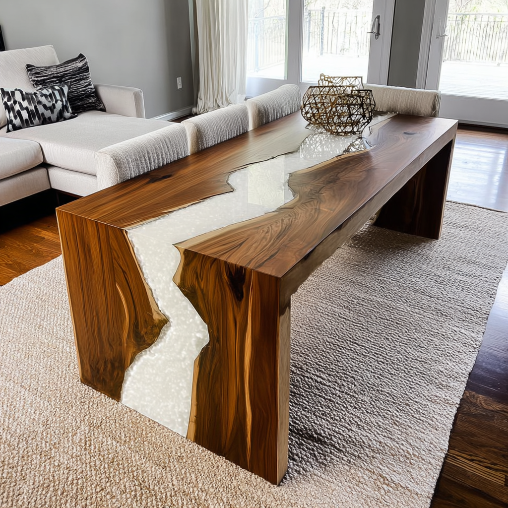 Expertly Hand-Finished Waterfall Walnut Pearl-White Epoxy Table for Guarantee Structural Integrity in Hamptons