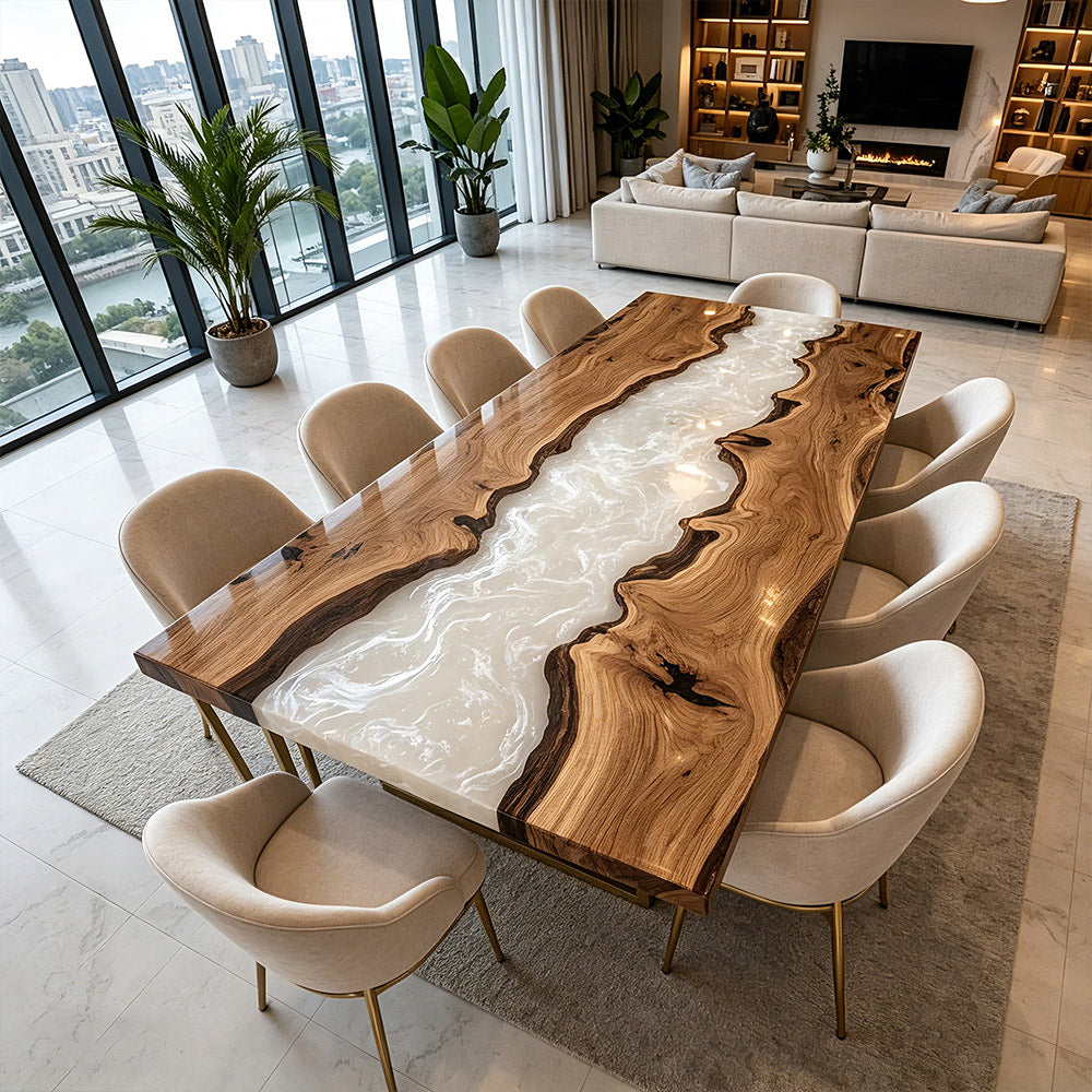 Futuristic Walnut Wood Silver Strip Accents and Milky White River Epoxy Table - Contemporary Urban Decor in Brooklyn