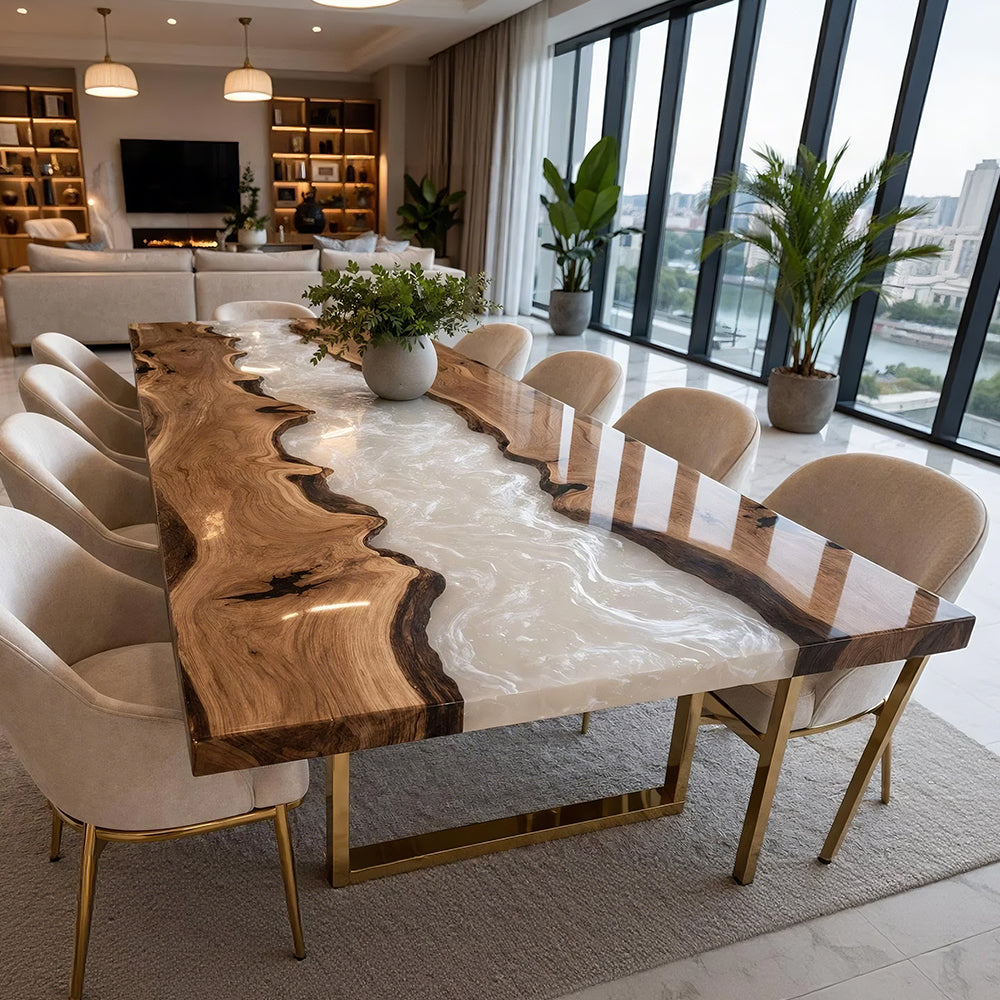 Walnut Wood Silver Strip Accents and Milky White River Epoxy Table - Contemporary Urban Decor in Brooklyn