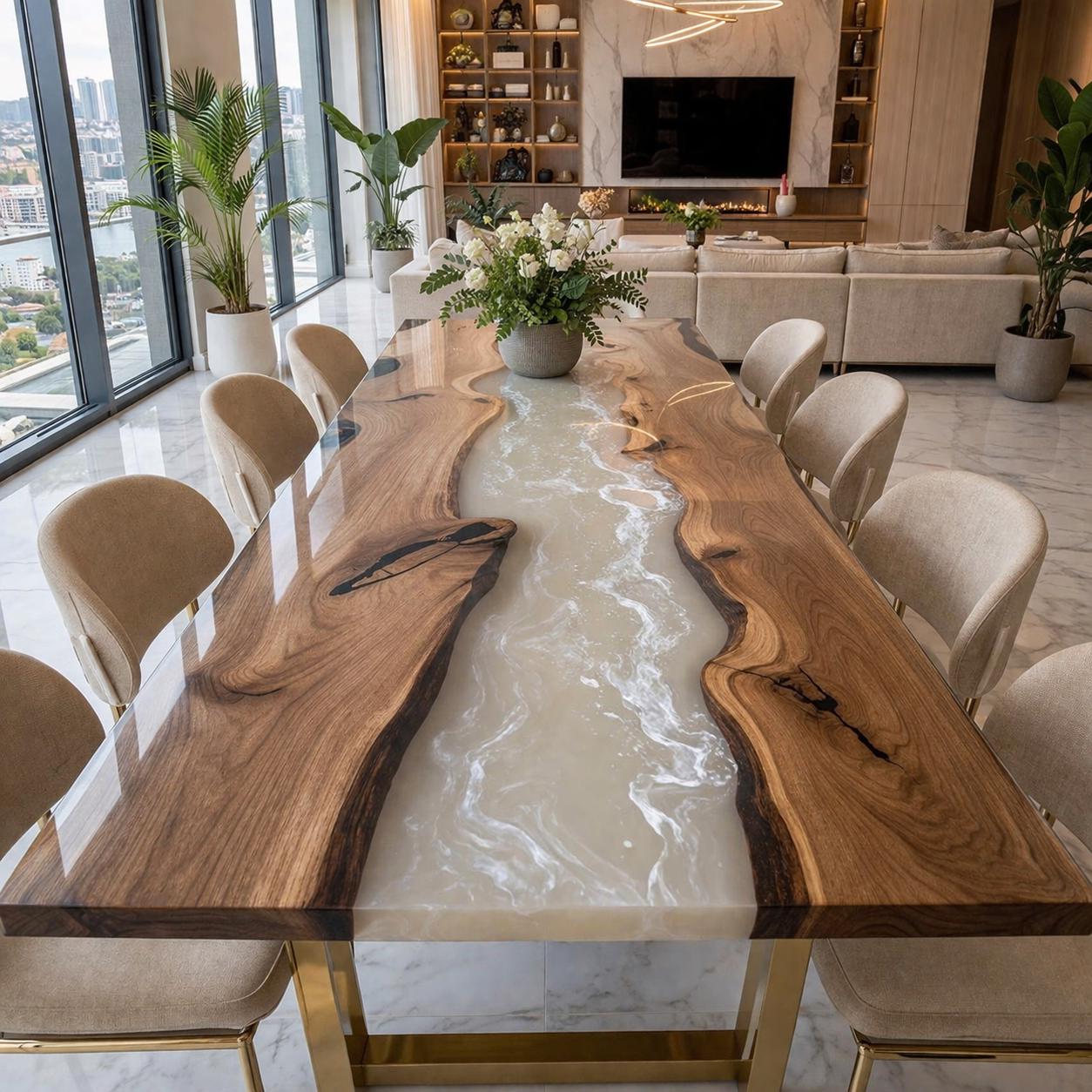 Futuristic Walnut White River Epoxy Table - Contemporary Urban Decor in Brooklyn