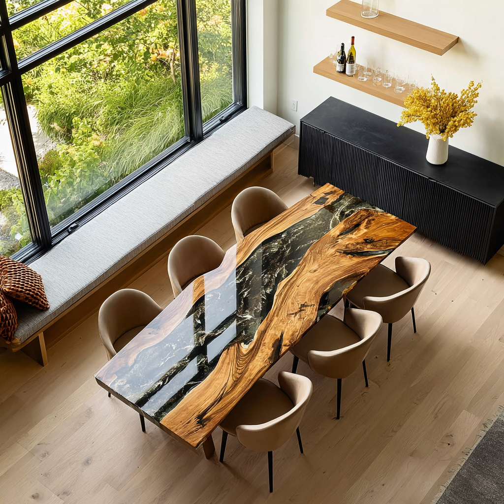 Walnut Epoxy Dining Table With Gold-Streaked Black & White Resin Flow in San Francisco