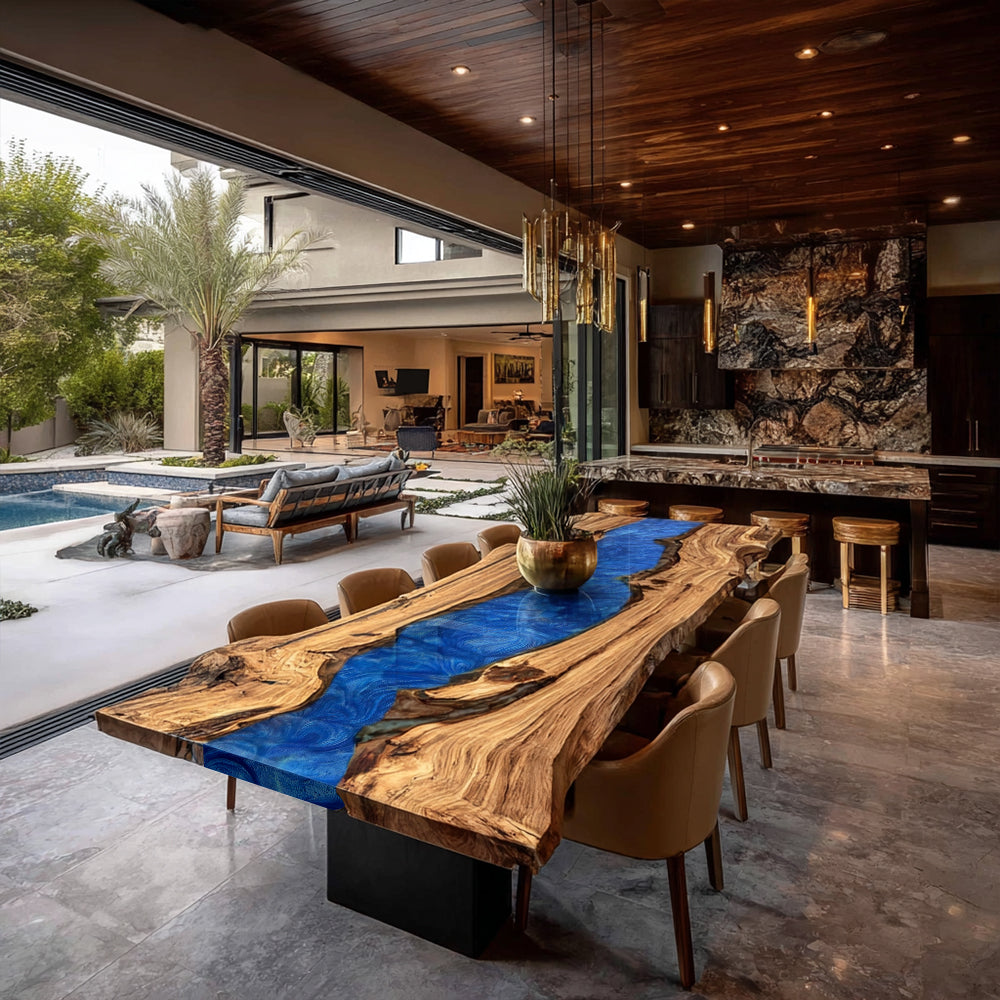 Hand-Carved Olive Wood Caribbean Blue Resin & Caribbean Blue Resin Epoxy Table – A Coastal Treasure for Seaside Sanctuary in Scottsdale