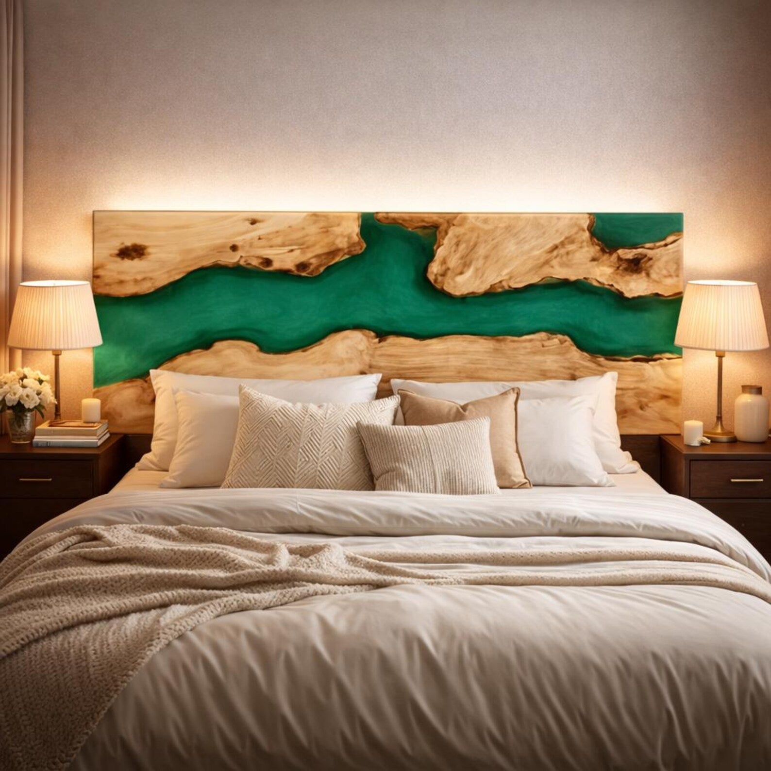 Handcrafted Poplar Green River Epoxy Headboard – for Designer Bedrooms & High-Traffic Luxury Apartments in Boston