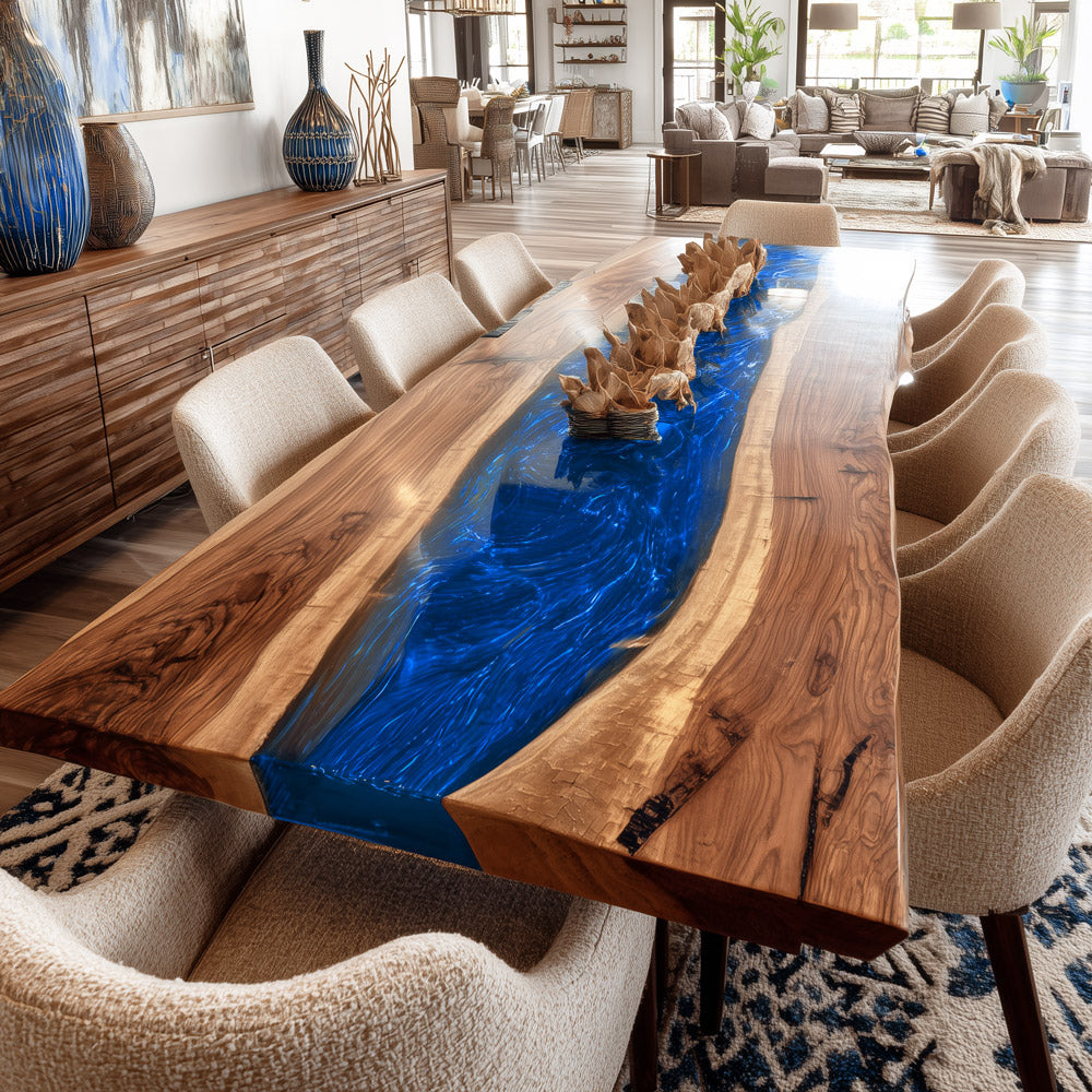 Handcrafted Walnut Dining Table with Vibrant Blue Resin River for Modern Homes in Los Angeles