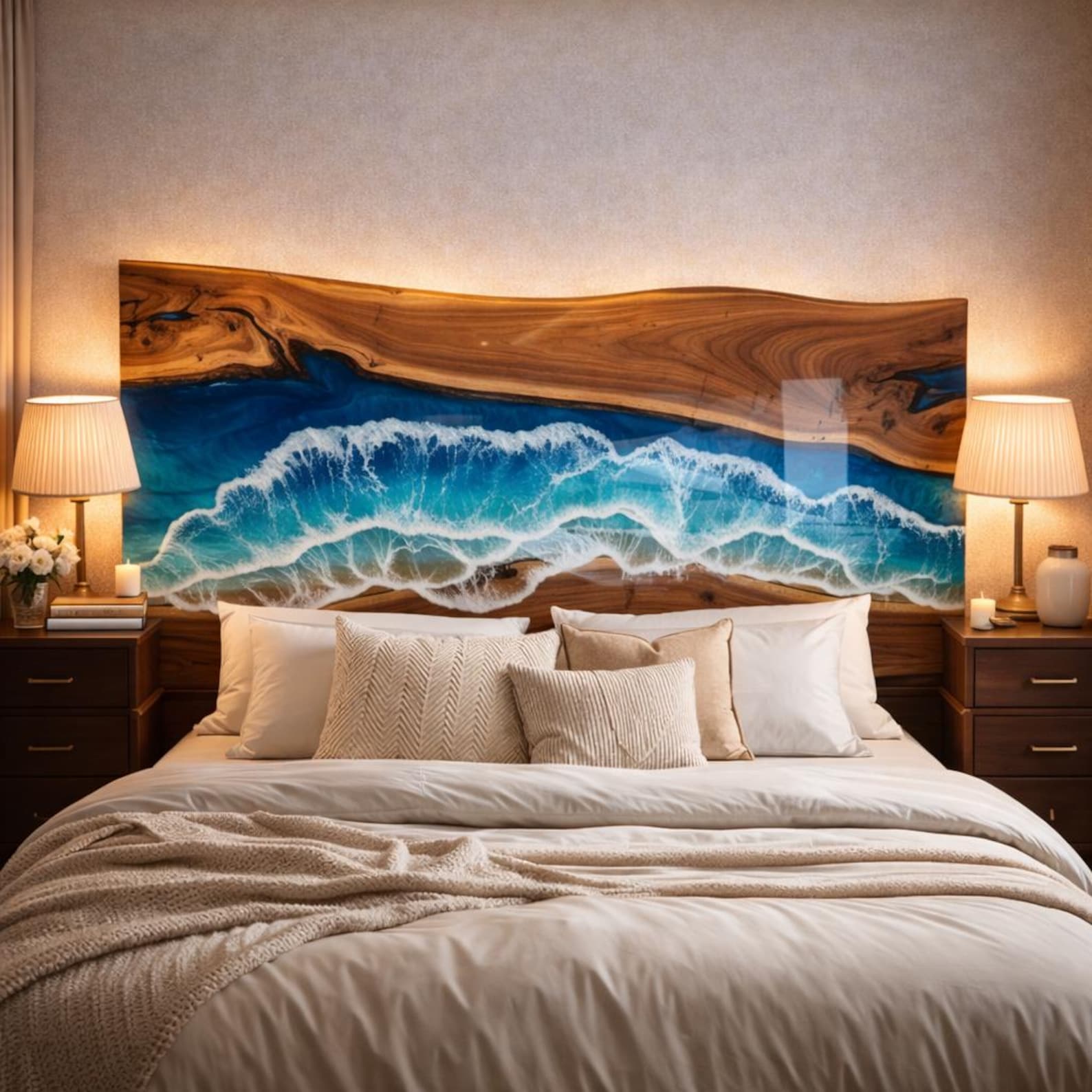 High-Impact Live Edge Walnut Ocean Wave Epoxy Headboard - for Luxury Boutique Hotels & Vacation Homes in Brooklyn