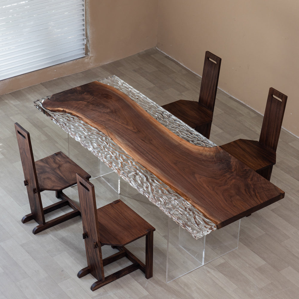 KAZANA Handmade Ice Cracks Black Walnut Epoxy Resin Table 31.5"W 82.3"L