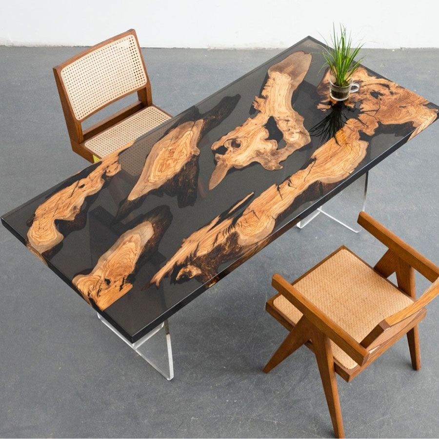 Olive Wood Clear Epoxy Resin Dining Table - Kazanahome