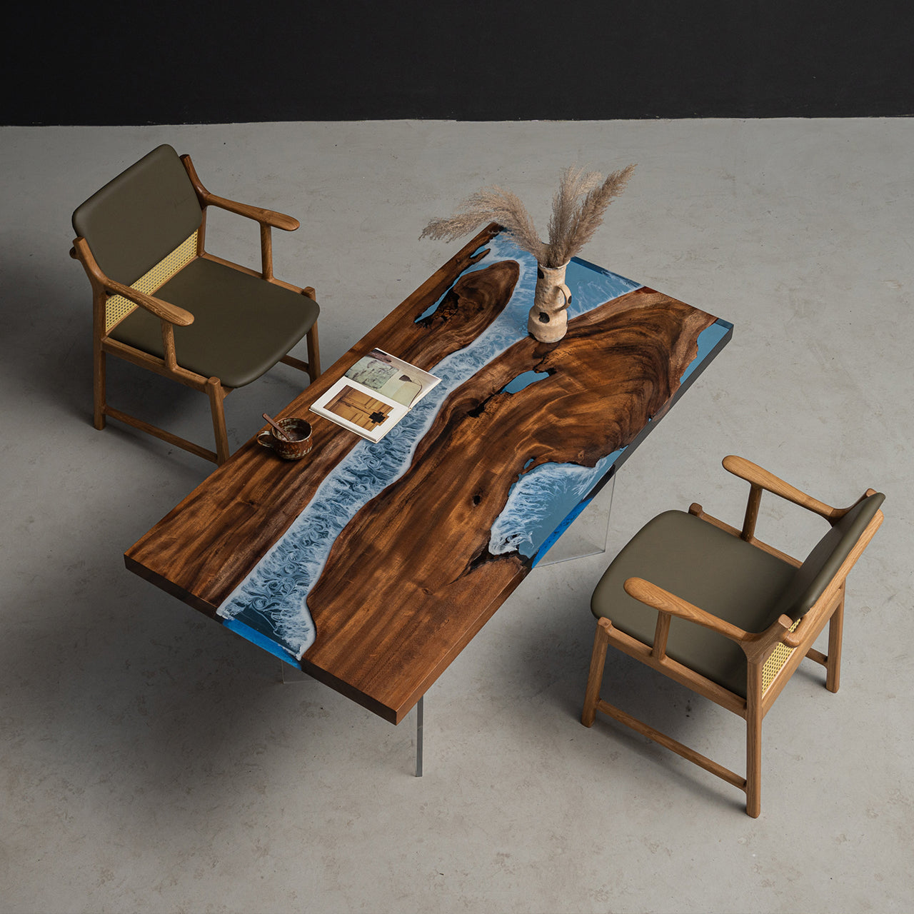 KAZANA Walnut Wood Epoxy Ocean Dining Table 31.5"W 62.9"L