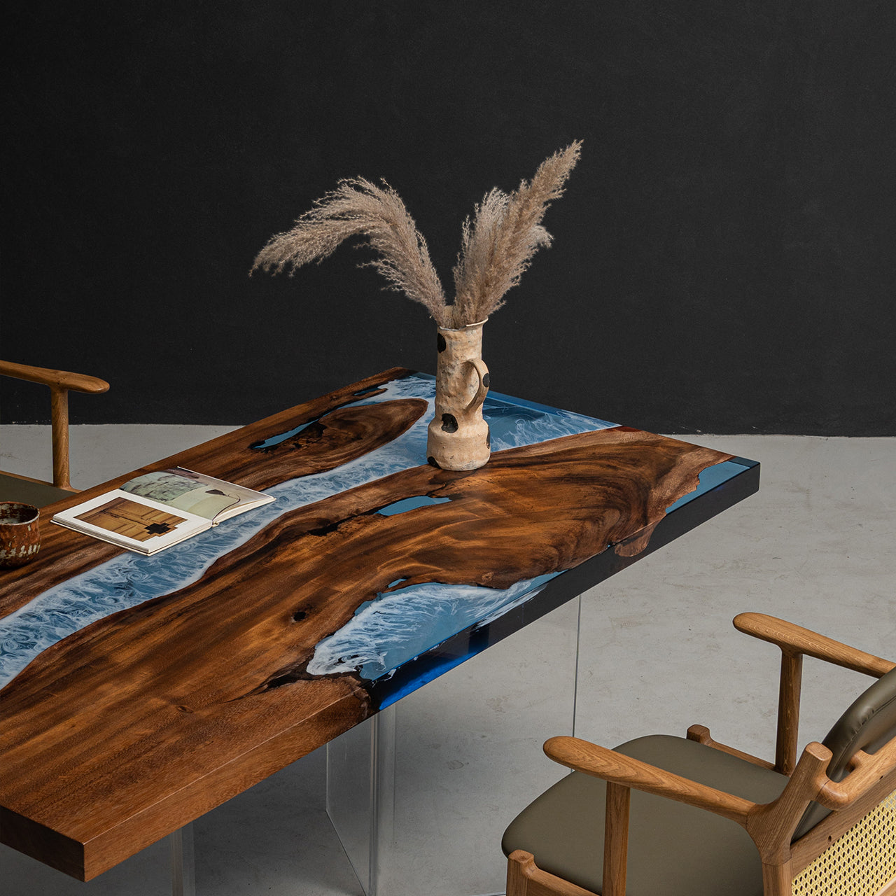 KAZANA Walnut Wood Epoxy Ocean Dining Table 31.5"W 62.9"L