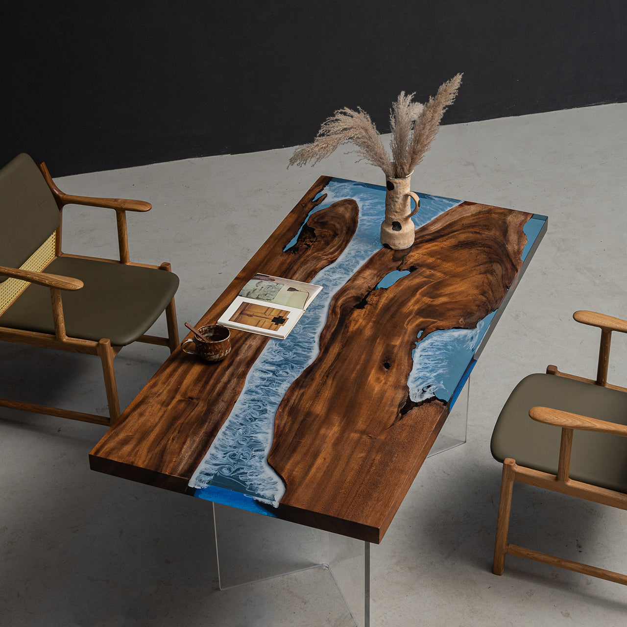 KAZANA Walnut Wood Epoxy Ocean Dining Table 31.5"W 62.9"L