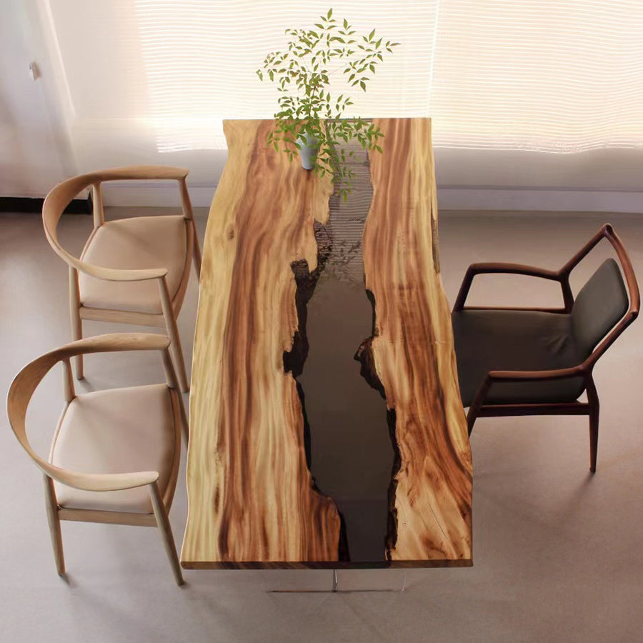 KAZANAHOME Walnut Wood Epoxy River Table Live Edge Dining Table