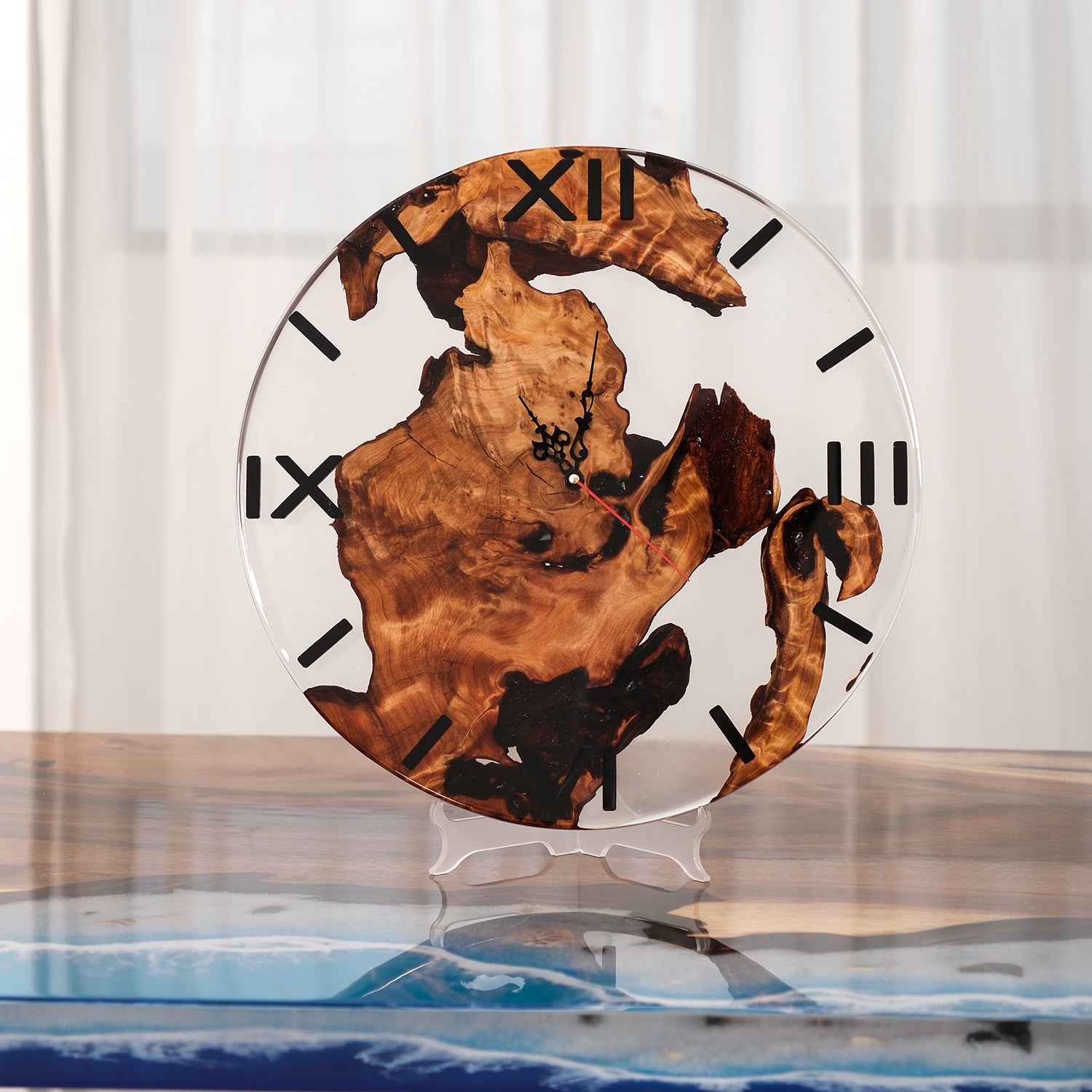 KAZANAHOME-Black-Walnut-Clear-Transparent-Epoxy-Resin-Wall-Clock-1
