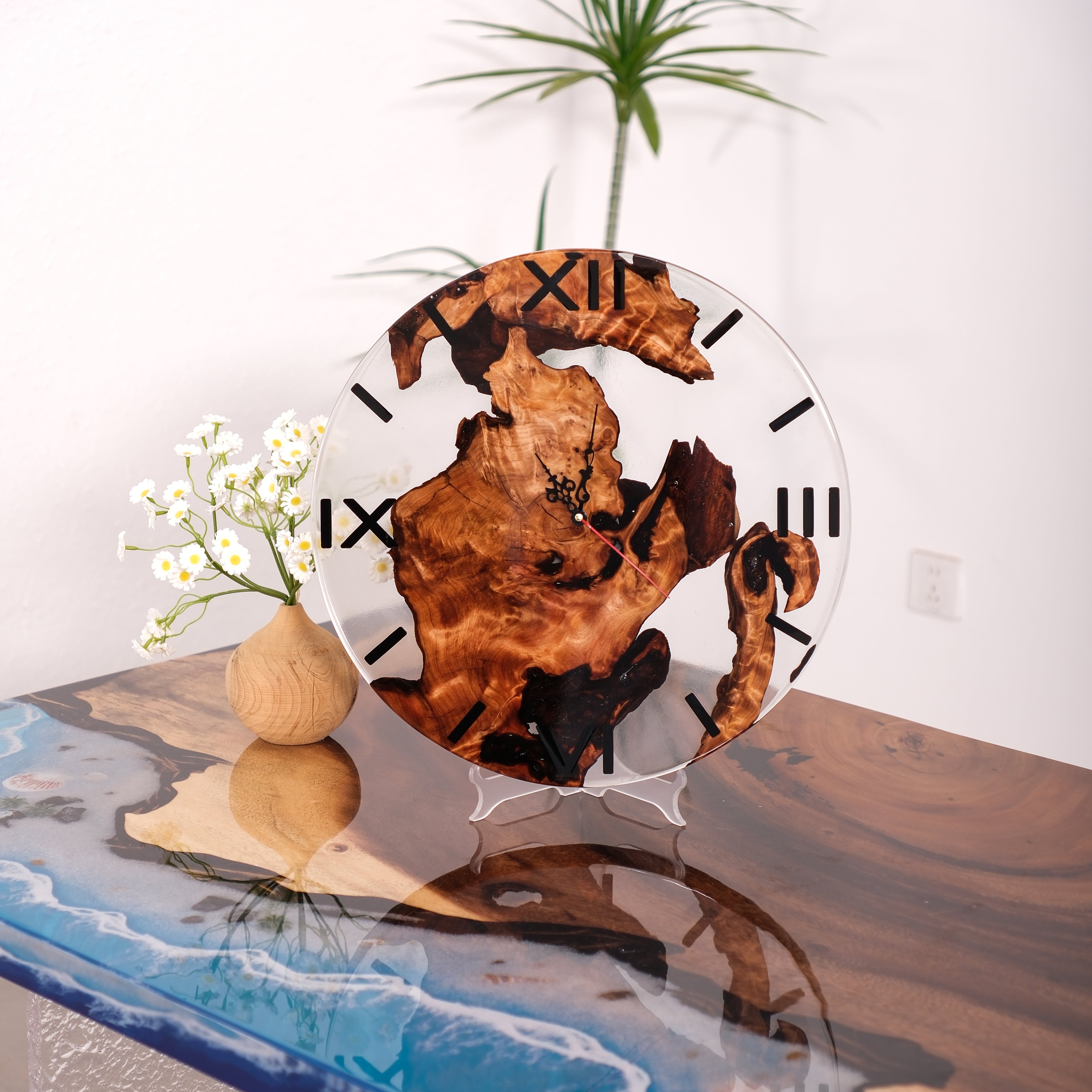 KAZANAHOME-Black-Walnut-Clear-Transparent-Epoxy-Resin-Wall-Clock-2