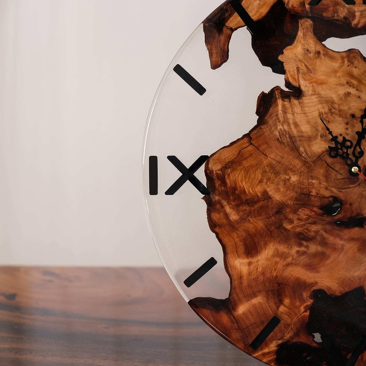 KAZANAHOME-Black-Walnut-Clear-Transparent-Epoxy-Resin-Wall-Clock-4