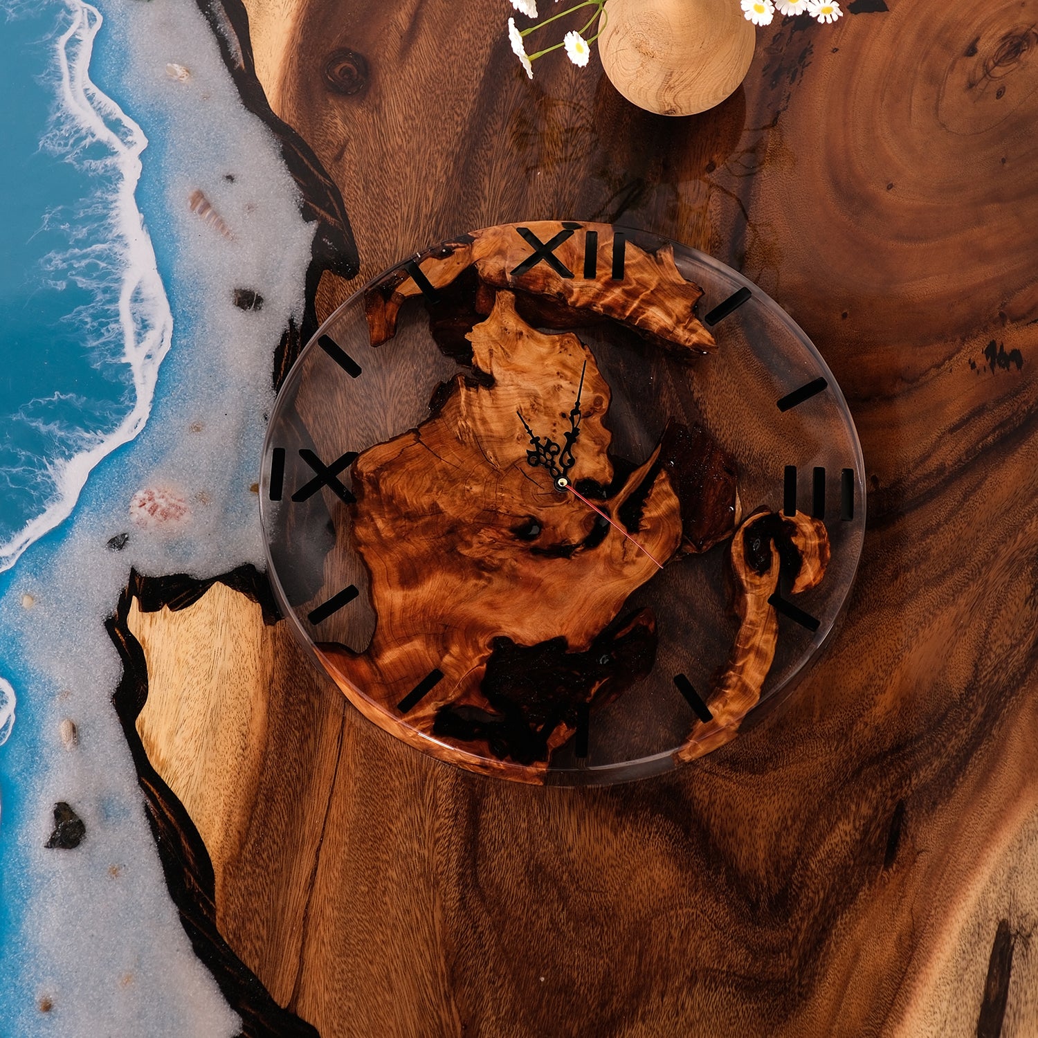 KAZANAHOME-Black-Walnut-Clear-Transparent-Epoxy-Resin-Wall-Clock-5