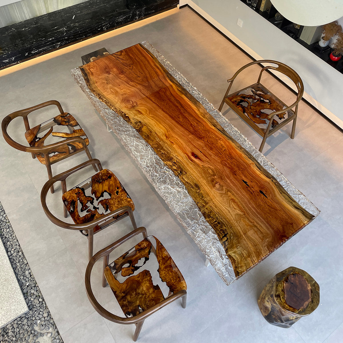Ice crack transparent resin wood dining table - KAZANAHOME