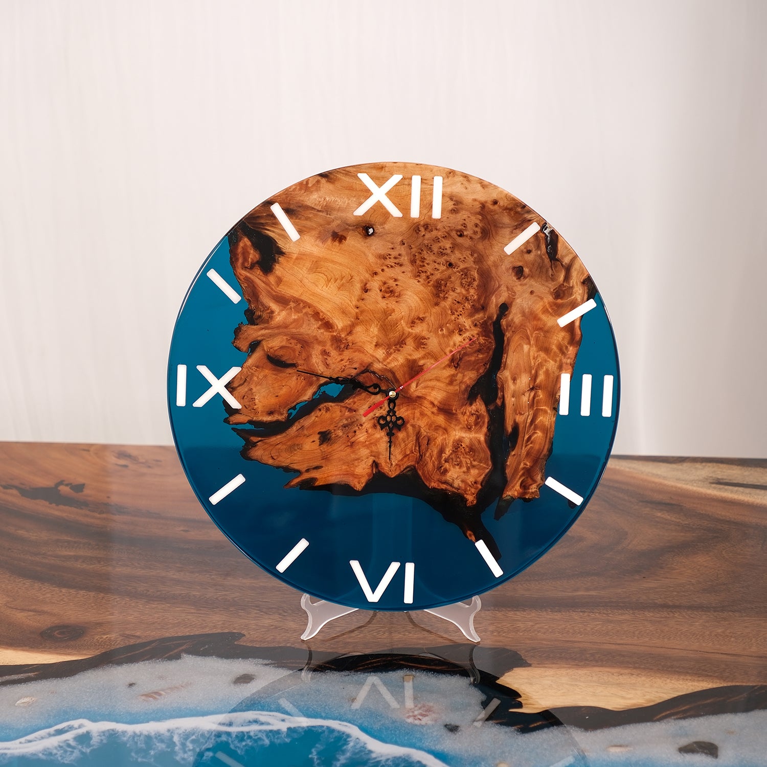 KAZANAHOME-Walnut-Dark-Blue-Clear-Transparent-Epoxy-Resin-Wall-Clock-1