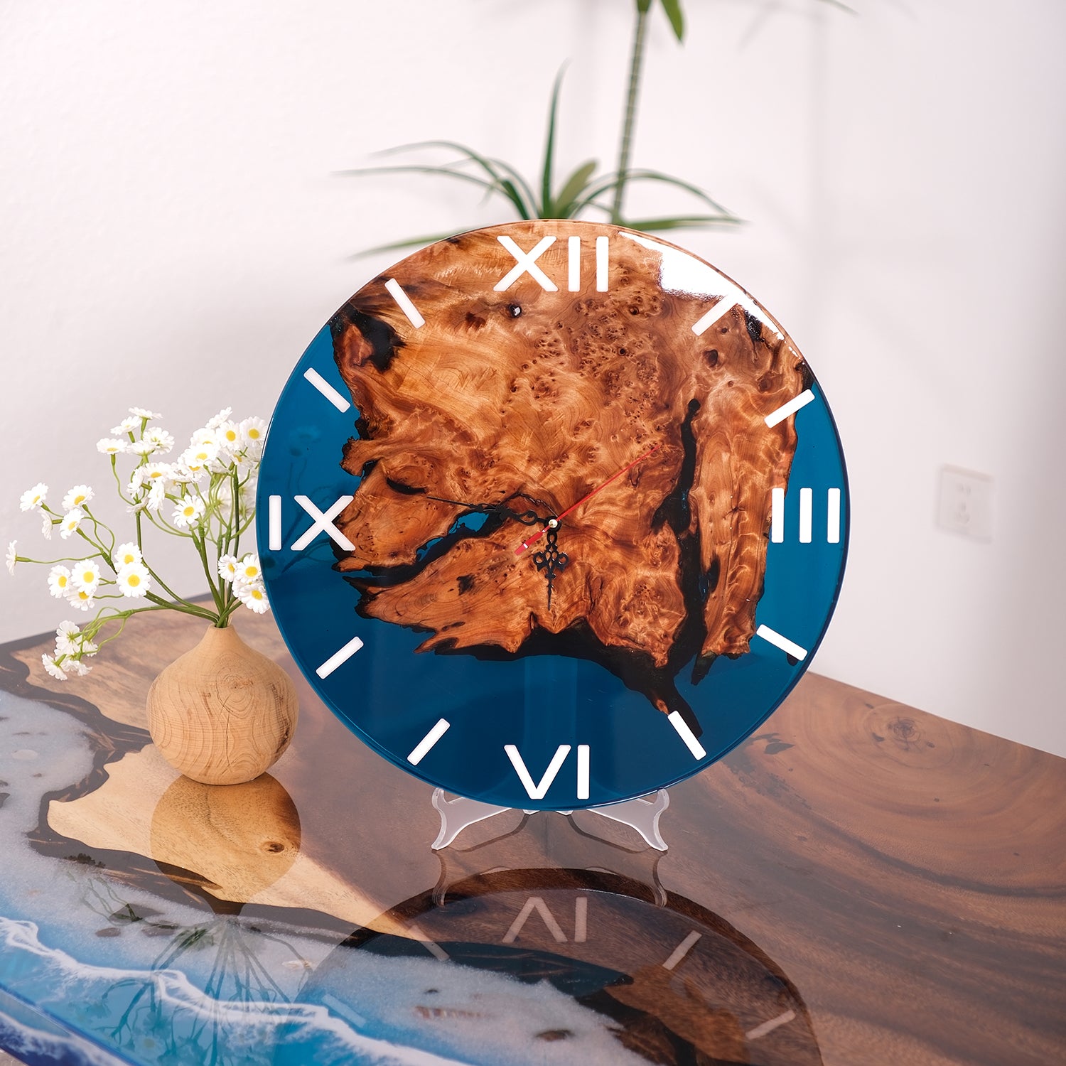 KAZANAHOME-Walnut-Dark-Blue-Clear-Transparent-Epoxy-Resin-Wall-Clock-2
