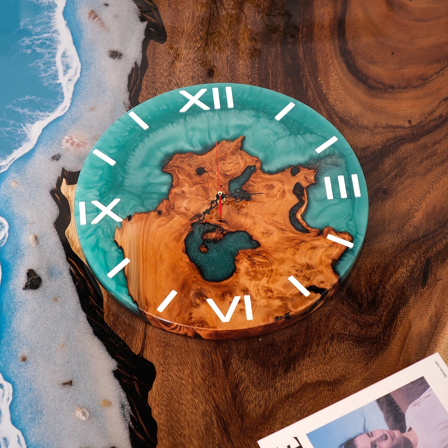 KAZANAHOME-Walnut-Green-Epoxy-Resin-Wall-Clock-4