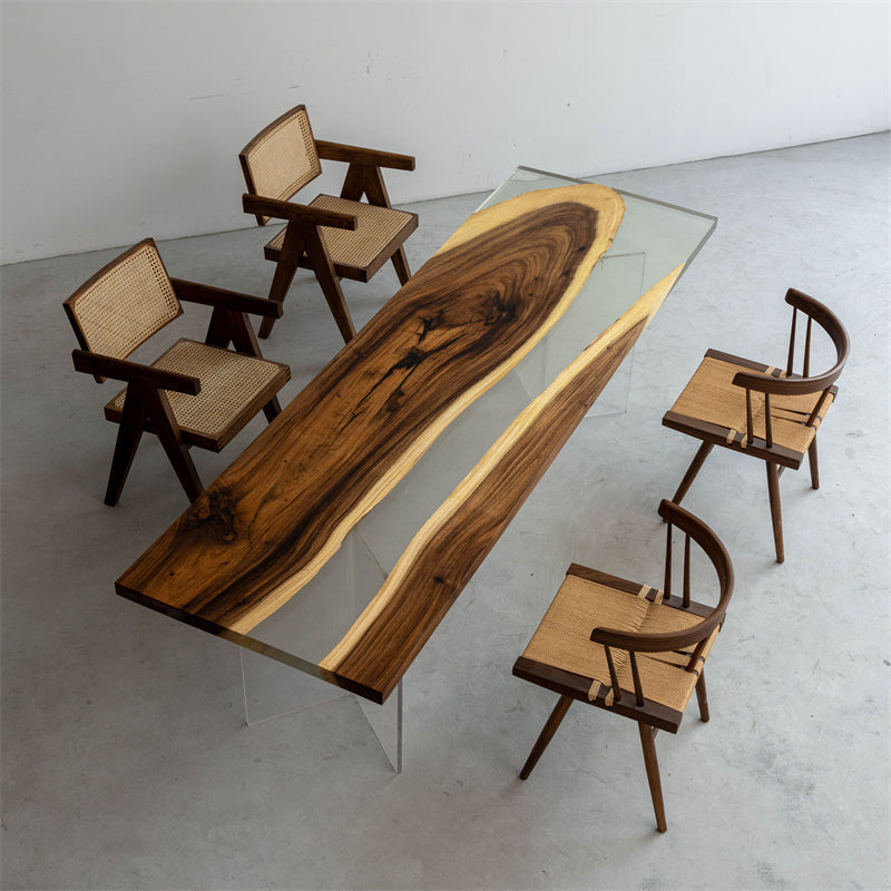 Walnut Wood Epoxy Dining Table Deep and Shallow 31.45"W 102.36"L