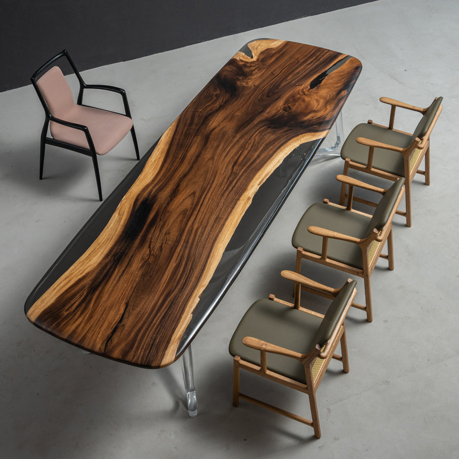 Walnut Wood Epoxy Table Arc Edge 39.37"W 125.98"L