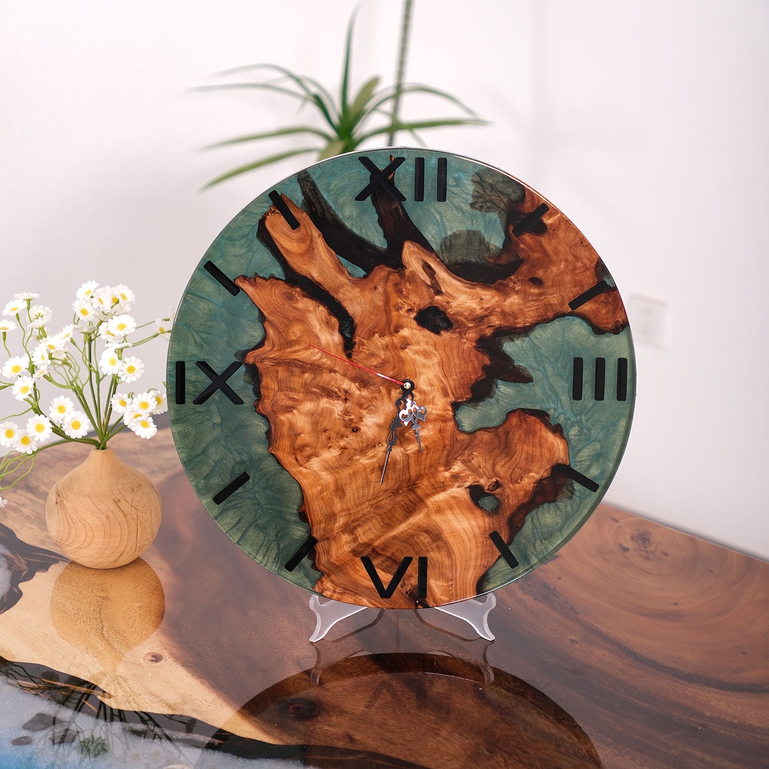 KAZANAHOME-Walnut-turquoise-Epoxy-Resin-Wall-Clock-1