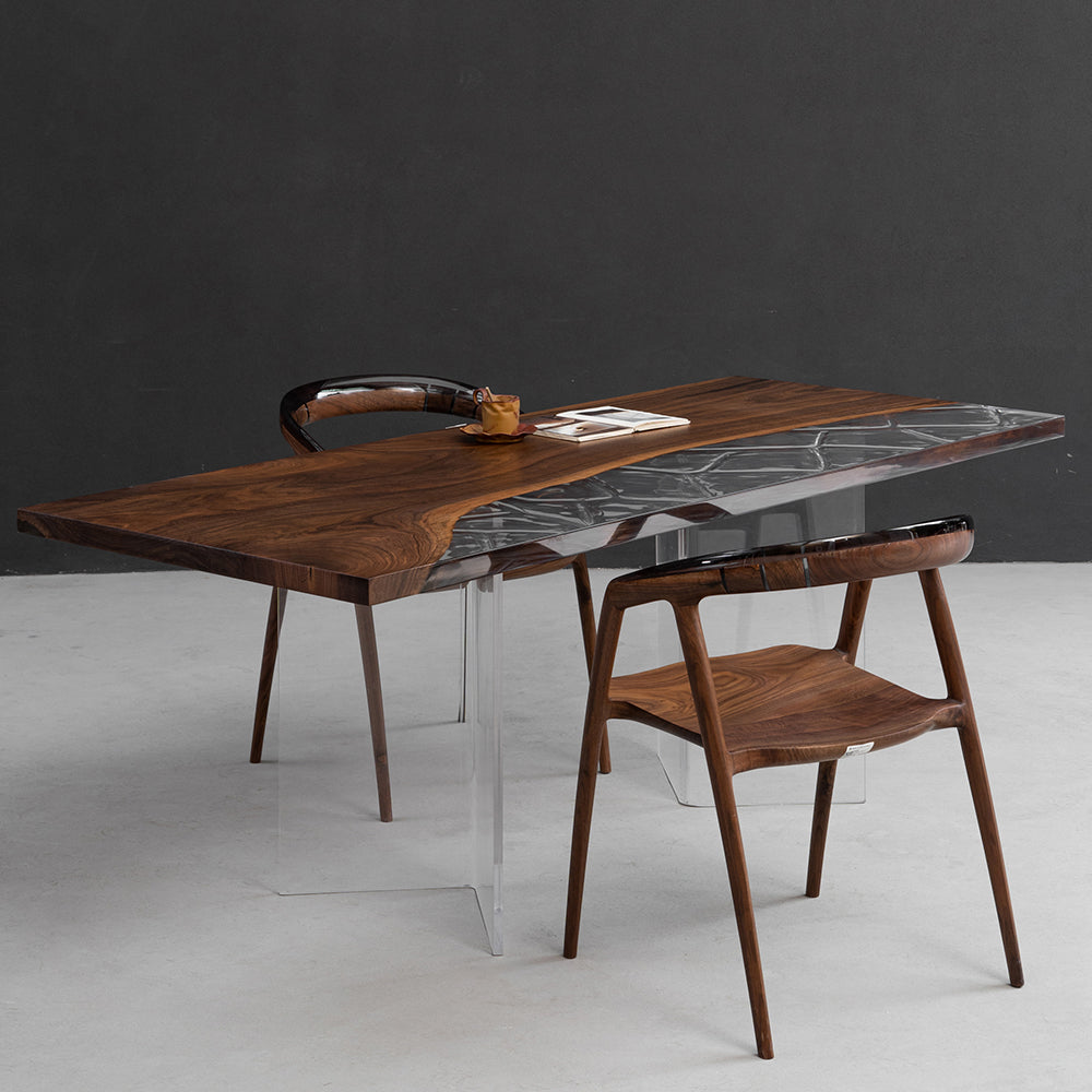 KAZANAHOME Black Walnut Clear Diamond Mesh Resin Epoxy Table