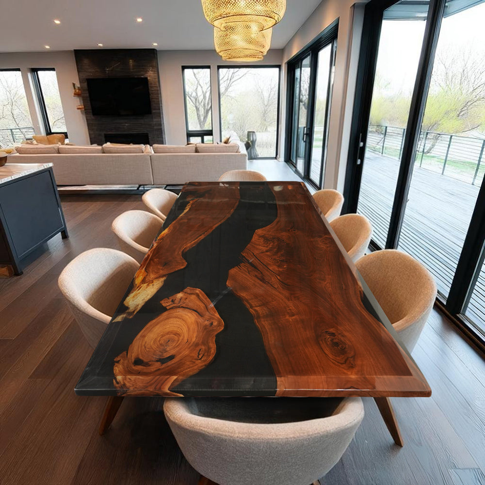 KAZANAHOME Black Walnut Dark Stained Black River Resin Epoxy Table