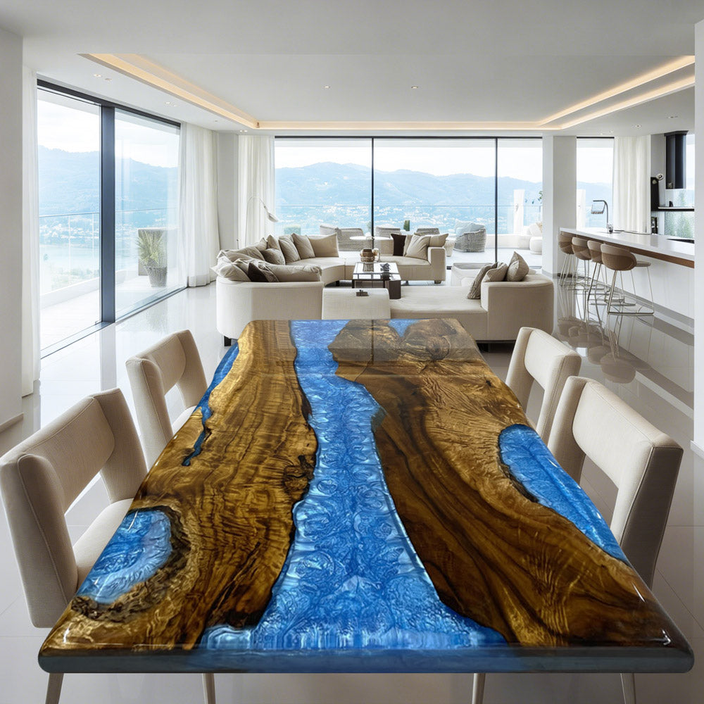 KAZANAHOME Golden Camphor Blue Live Edge River Resin Dining Epoxy Table
