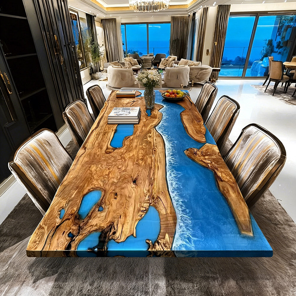 KAZANAHOME Olive Blue Wave River Resin Epoxy Table in Hamptons