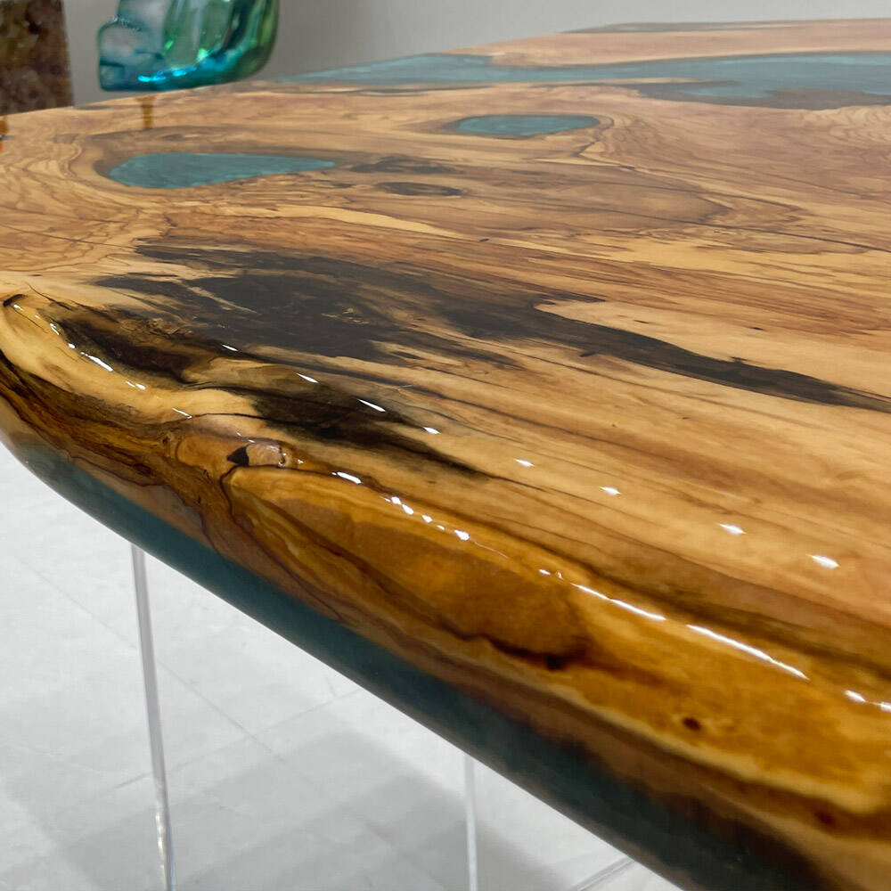 KAZANAHOME Olive Peacock Blue Epoxy Table