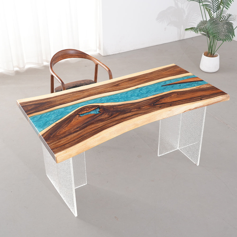 KAZANAHOME Live Edge Peacock Blue Resin River Epoxy Table