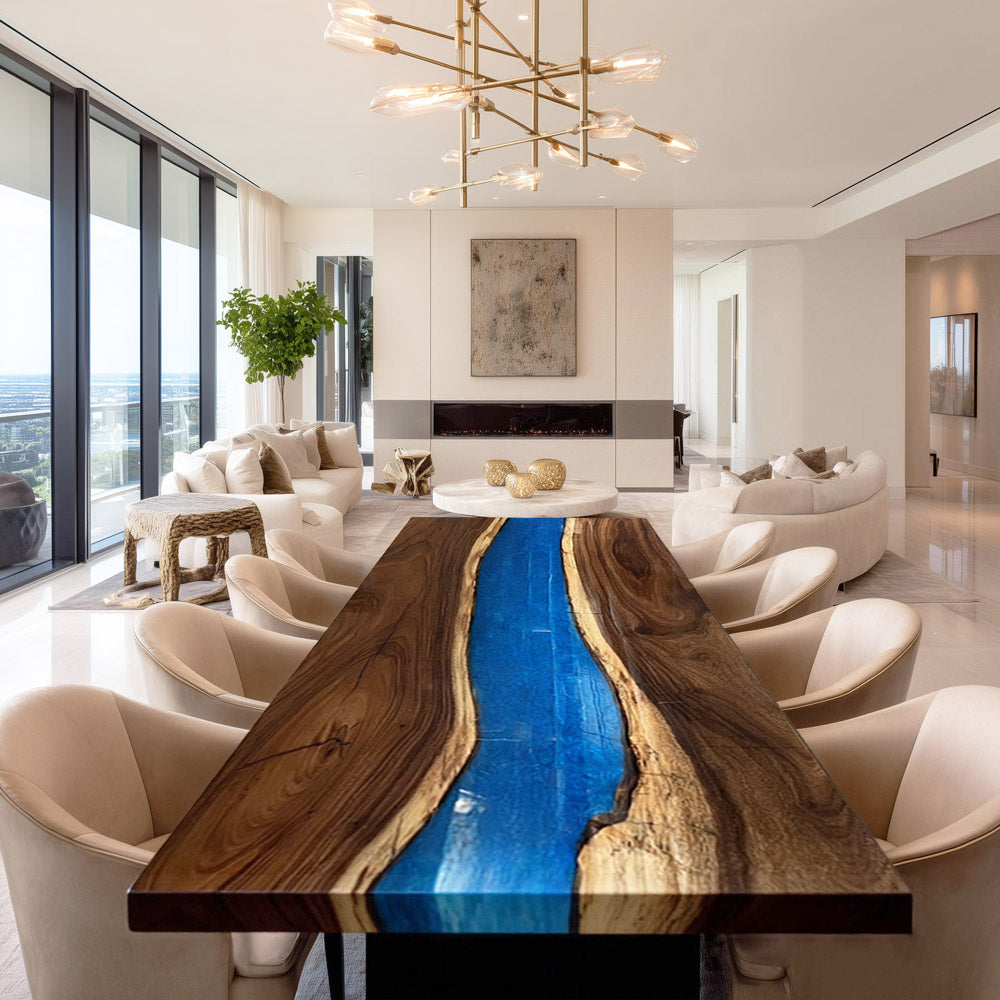 KAZANAHOME Walnut Blue Epoxy Table 48"W×96"L